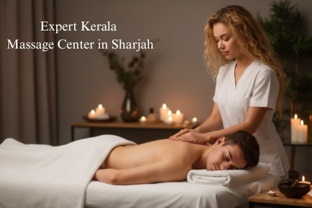 Female therapist giving a customized Kerala Ayurvedic back massage to a male client in a dimly lit, relaxing spa in Sharjah.